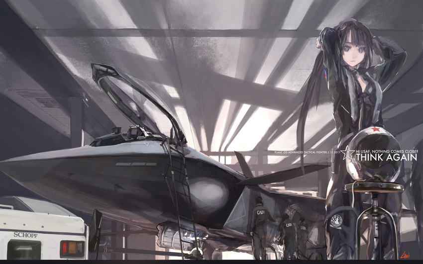 aircraft airplane august1st black_eyes black_hair china commentary_request english_text female hangar helmet highres j-20 jet ladder lin+ long_hair original people's_liberation_army people's_liberation_army_air_force pilot_suit ponytail revision solo star_(symbol) vehicle_focus