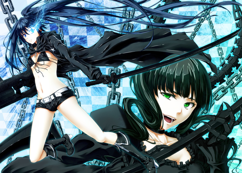 2girls absurdres arm_cannon bikini_top black_hair black_rock_shooter black_rock_shooter_(character) blue_eyes boots chains chains coat dead_master glowing glowing_eyes green_eyes highres horns ihara_natsume long_hair midriff multiple_girls navel scar shorts smile sword twintails very_long_hair weapon