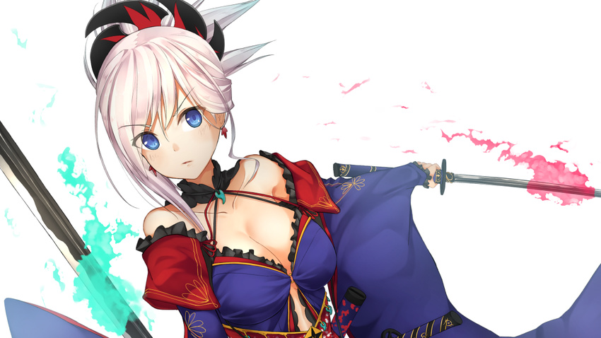 asymmetrical_hair bare_shoulders blue_eyes breasts cleavage collarbone commentary detached_sleeves earrings fate/grand_order fate_(series) female hair_ornament hiraba_6018 japanese_clothes jewelry katana kimono large_breasts looking_at_viewer miyamoto_musashi_(fate) miyamoto_musashi_(third_ascension)_(fate) pink_hair ponytail simple_background solo sword weapon white_background