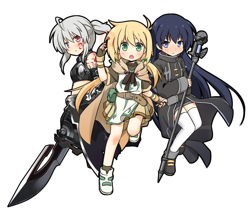 1boy 2girls ahoge armor bare_shoulders belt black_hair blonde_hair blue_eyes blush buckle chrono_harlaown commentary_request ec_divider_code-996 fingerless_gloves genderswap_(mtf) gloves green_eyes grey_hair highres long_hair long_sleeves lyrical_nanoha mahou_senki_lyrical_nanoha_force midriff multiple_girls open_mouth photoshop_(medium) ponytail raising_heart raising_heart_(standby_mode) red_eyes rule_63 s2u shenbei_xiaoqiu skirt tattoo thighhighs thoma_avenir twintails very_long_hair white_background yuuno_scrya