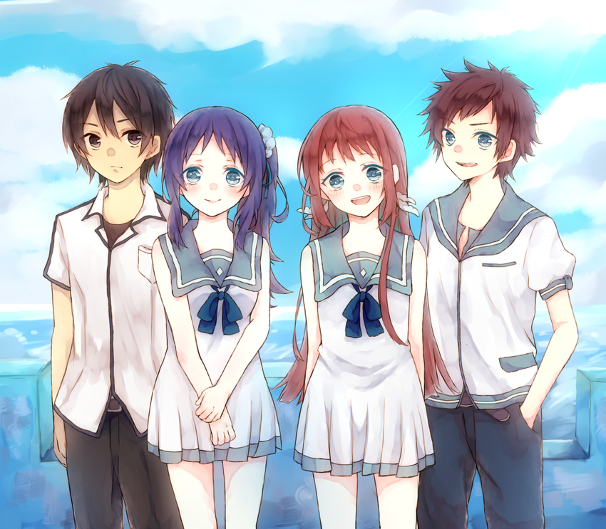 2boys 2girls black_hair blue_eyes blue_hair brown_hair commentary_request dress highres hiradaira_chisaki isaki_kaname kihara_tsumugu long_hair mihama_junior_high_school_uniform mukaido_manaka multiple_boys multiple_girls nagi_no_asukara nami_junior_high_school_uniform rian_(usamin228) sailor_dress sakishima_hikari school_uniform serafuku short_hair side_ponytail standing