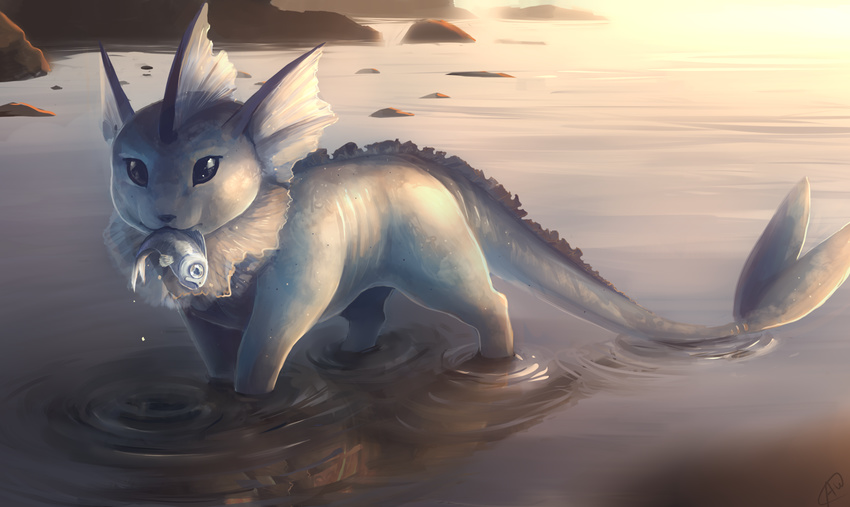 black_eyes commentary day english_commentary highres looking_at_viewer mouth_hold no_humans outdoors pokemon pokemon_(creature) ripples soup-plz vaporeon wading water water_drop wet wishiwashi wishiwashi_(solo)