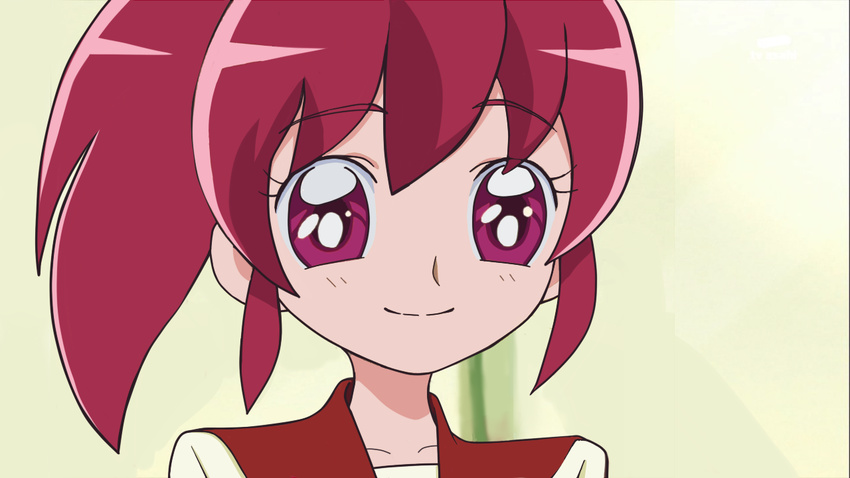 10s aino_megumi eyebrows_visible_through_hair fake_screenshot female happinesscharge_precure! network_bug pink_eyes pink_hair ponytail portrait precure school_uniform short_hair smile solo style_parody tv_asahi umakoshi_yoshihiko_(style)