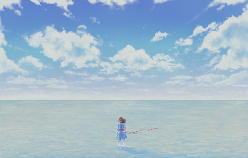 blue_dress blue_sky brown_hair cloud cloudy_sky commentary day dress facing_away female from_behind horizon long_hair long_sleeves ocean original outdoors ribbon sky solo soup-plz standing wading water_world