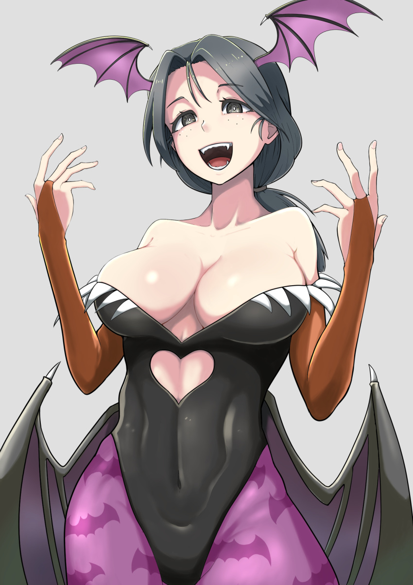 animal_print bad_id bad_pixiv_id bare_shoulders bat_print bat_wings black_leotard breasts bridal_gauntlets bright_pupils brown_gloves cleavage clothing_cutout commentary_request cosplay covered_navel cowboy_shot fangs female freckles girls_und_panzer gloves grey_background grey_eyes grey_hair hair_tie halloween_costume head_wings heart_cutout highres large_breasts leotard long_hair looking_at_viewer low_wings morrigan_aensland morrigan_aensland_(cosplay) open_mouth pantyhose piyotan_(girls_und_panzer) ponytail print_pantyhose purple_pantyhose simple_background smile solo vampire_(game) vampire_costume w_arms white_pupils wings yougata