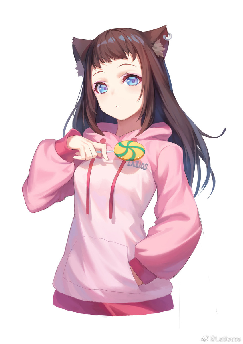 animal_ear_fluff animal_ears artist_name black_hair blue_eyes breasts candy cat_ears commentary_request earrings female food hand_in_pocket highres hood hoodie jewelry latioss lollipop long_hair long_sleeves medium_breasts original parted_lips sidelocks simple_background single_earring solo weibo_watermark white_background