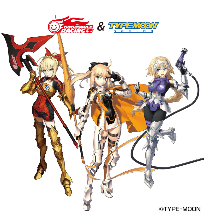 3girls ahoge armor artoria_pendragon_(fate) axe bad_id bad_twitter_id battle_axe black_leotard black_ribbon blonde_hair blush bodysuit braid breastplate breasts cape clothes_writing clothing_cutout collaboration commentary_request fate/apocrypha fate/extra fate/grand_order fate/unlimited_codes fate_(series) gauntlets glaive_(polearm) goodsmile_racing greaves green_eyes hair_ribbon headpiece highres holding holding_weapon impossible_bodysuit impossible_clothes jeanne_d'arc_(fate) jeanne_d'arc_(type-moon_racing)_(fate) konoe_ototsugu large_breasts leotard long_hair looking_at_viewer multiple_girls nero_claudius_(fate) nero_claudius_(fate/extra) nero_claudius_(type-moon_racing)_(fate) official_alternate_costume official_alternate_hairstyle official_art open_mouth polearm ponytail purple_eyes race_queen red_ribbon ribbon saber_(fate) saber_(type-moon_racing)_(fate) short_jumpsuit shoulder_cutout shrug_(clothing) simple_background single_braid skindentation smile standing standing_on_one_leg takeuchi_takashi thigh_strap type-moon very_long_hair w wada_arco watermark weapon white_background