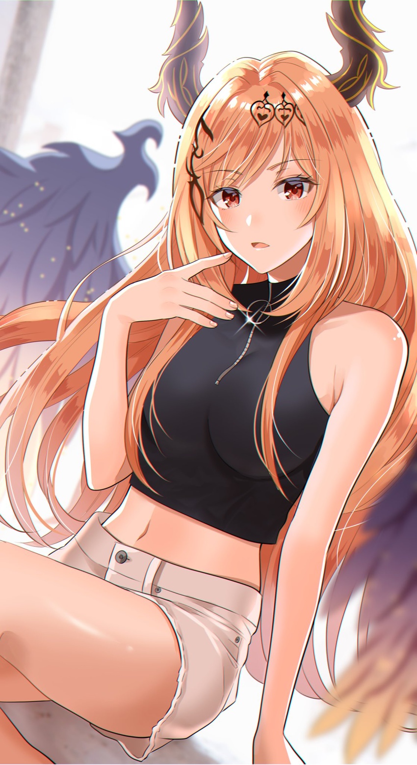 bare_shoulders black_shirt casual commentary_request crop_top dark_angel_olivia demon_horns female granblue_fantasy hair_ornament highres horns long_hair midriff myusha navel open_mouth orange_hair red_eyes shirt short_shorts shorts sleeveless sleeveless_shirt solo wings