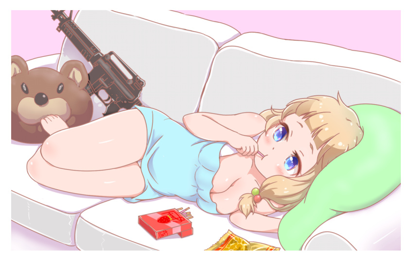 aqua_dress assault_rifle barefoot bear blonde_hair blouse blue_eyes breasts commentary_request couch dress eating female food gun hair_bobbles hair_ornament light_blush lying m4_carbine medium_breasts messy_hair new_game! no_pants on_side panties pantyshot picolette_xiii pillow pink_background pocky rifle sakura_nene shirt short_hair simple_background twintails underwear weapon