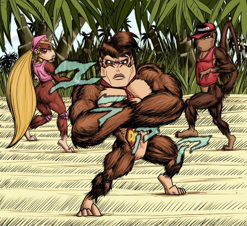 4_toes ape barefoot blue_eyes bottomless brown_eyes clothed clothing danger diddy_kong diddy_kong_racing dixie_kong donkey_kong_(character) donkey_kong_(series) featureless_crotch feet female forest gorilla green_eyes group haplorhine hat headgear headwear jojo's_bizarre_adventure jojo_pose jungle kong looking_at_viewer male mammal meme monkey muscular muscular_male necktie nintendo parody partially_clothed pecs plant plantigrade pose primate rareware serious shesamonkey standing text text_on_clothing text_on_hat text_on_headwear toes tree