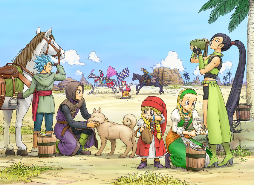 bead_necklace beads blonde_hair blue_eyes blue_hair blue_sky bracelet braid brown_hair bucket camus_(dq11) canine cloud commentary_request dragon_quest dragon_quest_xi dress drinking earrings facial_hair fingerless_gloves gloves grass green_footwear greig_(dq11) hairband hat hero_(dq11) highres horse horseback_riding jewelry kneeling long_hair martina_(dq11) moustache necklace outdoors palm_tree ponytail puffy_sleeves purple_eyes red_headwear riding row_(dq11) senya_(dq11) shinobibe_himika short_shorts shorts sky spiked_hair sylvia_(dq11) tree twin_braids veronica_(dq11) white_hair