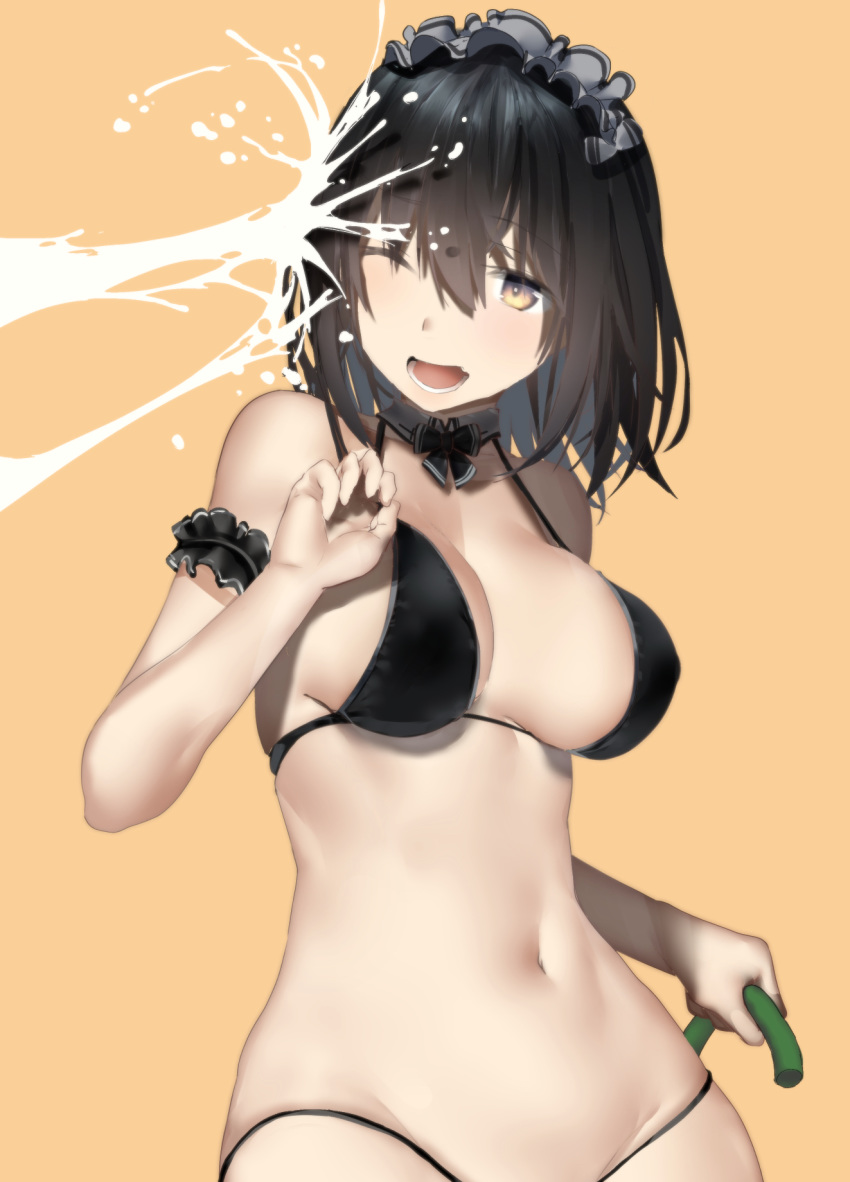 ;d araido_kagiri arm_garter bikini black_bikini black_hair bow bowtie breasts brown_background brown_eyes cleavage commentary_request detached_collar female hair_between_eyes headdress highres holding large_breasts long_hair looking_at_viewer navel one_eye_closed open_mouth original simple_background smile solo stomach swimsuit upper_body water