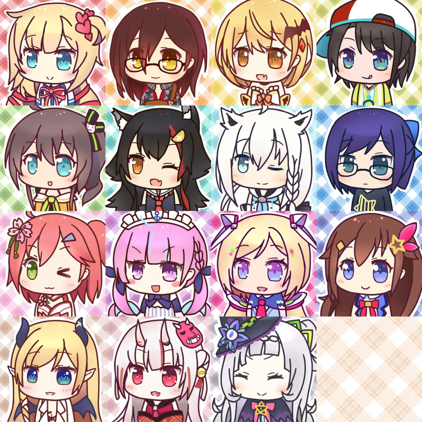 >_o 6+girls :3 :p a-chan_(hololive) ahoge akai_haato akai_haato_(1st_costume) aki_rosenthal aki_rosenthal_(1st_costume) anchor_symbol animal_ear_fluff animal_ears annotated backwards_hat bat_hair_ornament bell black_hair blonde_hair blue_eyes blue_hair blunt_bangs blush braid brown_hair cherry_blossoms chibi closed_eyes commentary_request detached_hair flower flower_brooch fox_ears glasses green_eyes hair_bun hair_ornament hairclip hat heart highres hololive horns long_hair mask medium_hair minato_aqua minato_aqua_(1st_costume) multiple_girls murasaki_shion murasaki_shion_(1st_costume) nakiri_ayame nakiri_ayame_(1st_costume) natsuiro_matsuri necktie nontraditional_miko oerba_yun_fang one_eye_closed one_side_up oni_mask ookami_mio ookami_mio_(1st_costume) oozora_subaru oozora_subaru_(1st_costume) open_mouth pink_hair pointy_ears roboco-san roboco-san_(1st_costume) sakura_miko sakura_miko_(old_design) shirakami_fubuki shirakami_fubuki_(1st_costume) side_ponytail single_hair_bun skin_fang smile star_(symbol) tied_hair tokino_sora tokino_sora_(1st_costume) tongue tongue_out tsukimiya_yuuko twintails upper_body virtual_youtuber white_hair wings witch_hat wolf_ears yellow_eyes yozora_mel yozora_mel_(1st_costume) yuzuki_choco yuzuki_choco_(1st_costume)