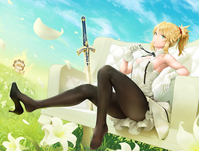 artoria_pendragon_(fate) ass bare_shoulders black_pantyhose black_ribbon blonde_hair blush braid breasts caliburn_(fate) commentary cosplay fate/grand_order fate/tiger_colosseum fate/unlimited_codes fate_(series) feet female flower gloves green_eyes hair_ornament hair_scrunchie highres kunaboto legs long_hair looking_at_viewer mordred_(fate) mordred_(fate/apocrypha) outdoors pantyhose parted_bangs planted planted_sword ponytail red_scrunchie ribbon saber_lily saber_lily_(cosplay) saber_lion scrunchie shoes sitting solo_focus sword weapon white_flower white_gloves