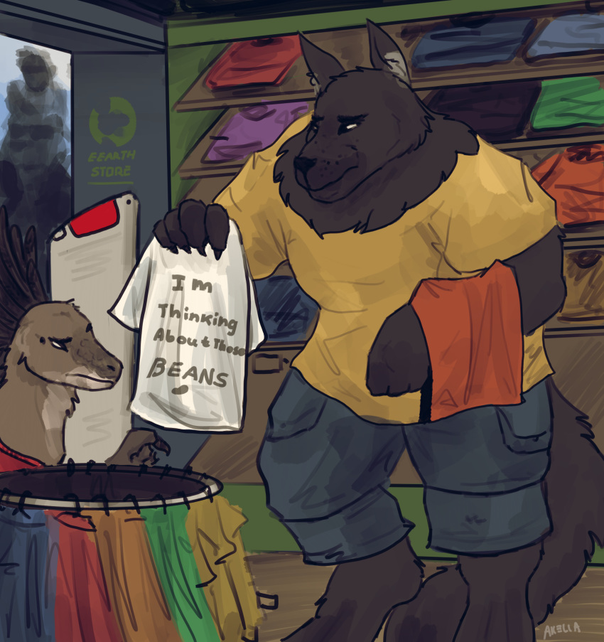 absurd_res anthro canid clothed clothing clothing_store dinosaur dorarizin dromaeosaurid duo earth english_text engrish extinct feathers female fluffy hi_res holding_object inside karnakian male mammal meme planet prehistoric_species reptile scalie space text theropod they_are_smol