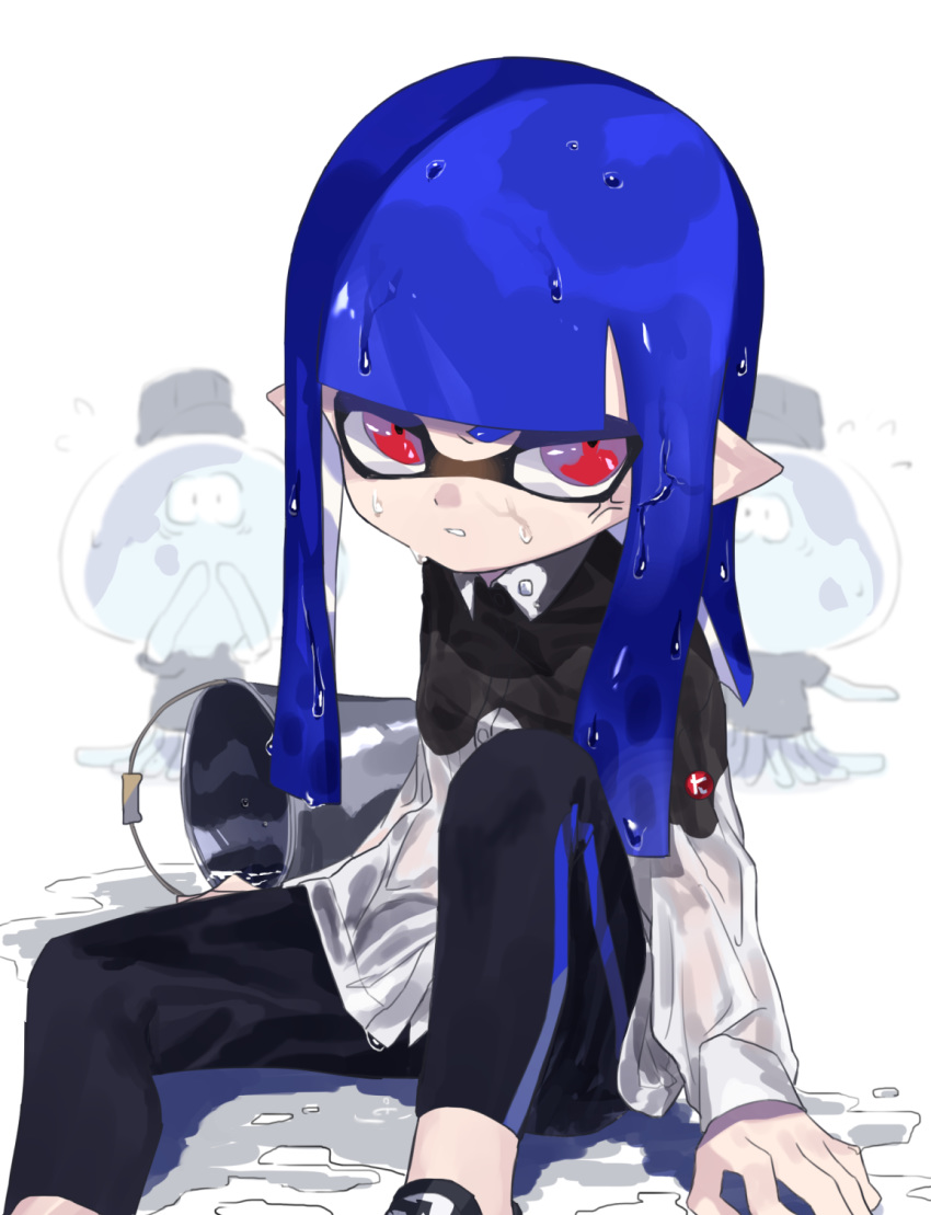 amatya anger_vein angry arm_support bad_id bad_pixiv_id black_leggings blue_hair blunt_bangs bucket collared_shirt commentary female frown glaring grimace highres inkling inkling_girl inkling_player_character jellyfish_(splatoon) leggings logo long_hair long_sleeves looking_at_viewer parted_lips pointy_ears print_leggings red_eyes shirt shoes simple_background single_vertical_stripe sitting solo splatoon_(series) splatoon_2 tentacle_hair water wet wet_clothes white_background white_shirt