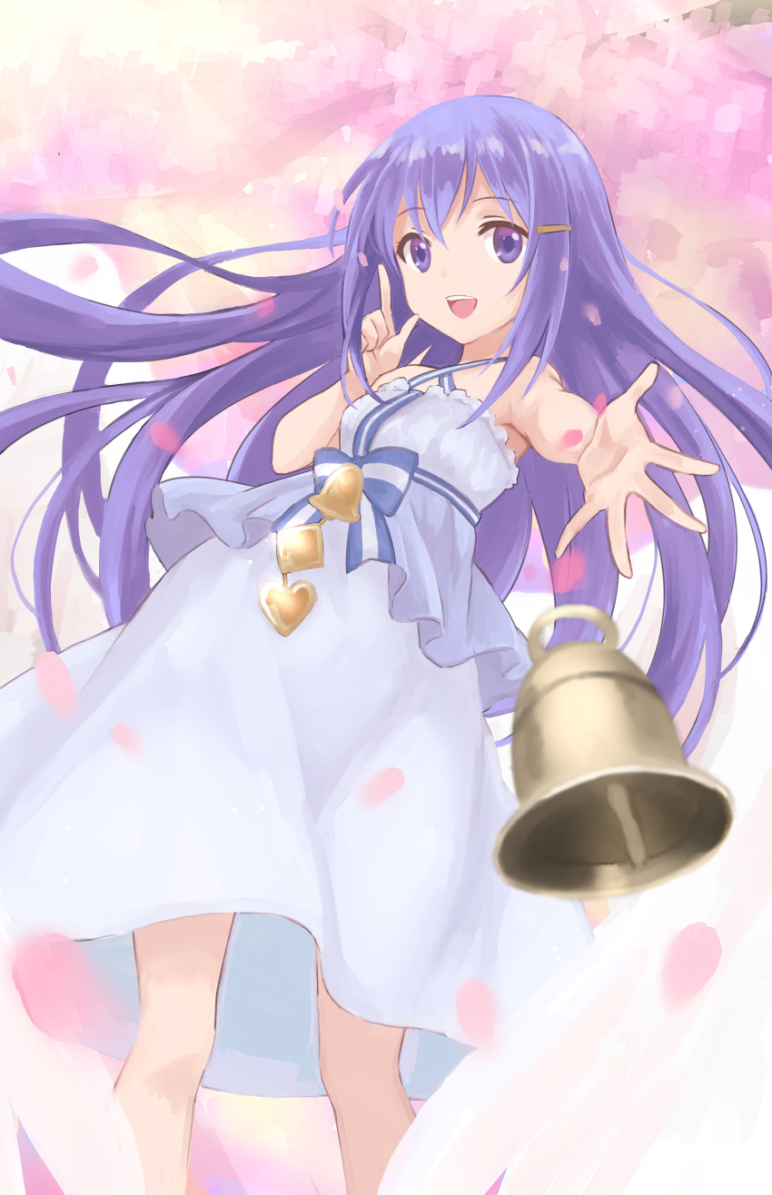 :d absurdres bare_shoulders bell bellringer_angel belt blue_bow bow commentary_request dress female hair_ornament hairclip halo halterneck hand_up highres index_finger_raised long_hair looking_at_viewer open_mouth outstretched_hand pink_background purple_eyes purple_hair shadowverse shiri_(kotatsutablet) smile solo striped striped_bow white_dress