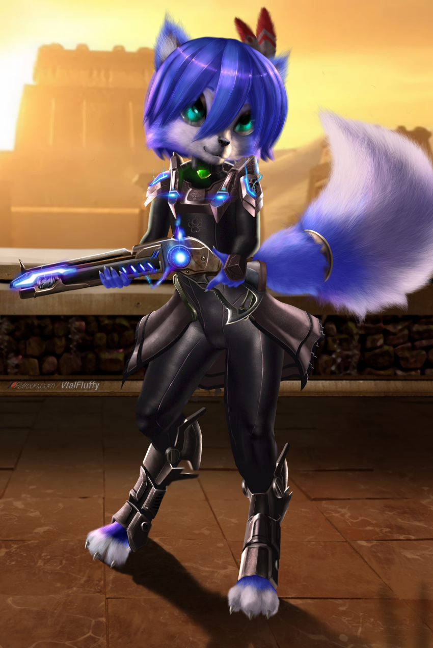 2019 3_toes absurd_res anthro biped black_nose blue_body blue_fur blue_hair camel_toe canid canine claws clothed clothing digital_media_(artwork) digitigrade feet female footwear fox fully_clothed fur green_eyes hair hi_res krysi mammal nintendo shoes short_hair skinsuit solo star_fox tight_clothing tight_suit toeless_footwear toeless_shoes toes v-tal vtalfluffy white_body white_fur young young_anthro