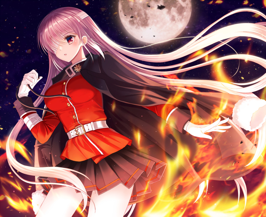 bandage blush ecu8080 eyepatch fate/grand_order fate_(series) fire florence_nightingale gloves long_hair moon night pink_hair red_eyes skirt stars