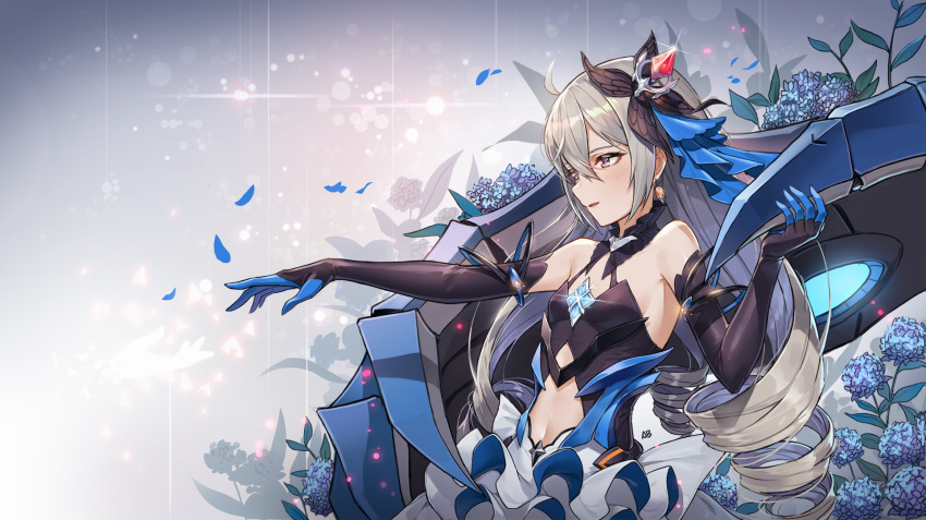 aliceblue armor armored_dress black_gloves blush breasts bronya_zaychik bronya_zaychik_(herrscher_of_reason) bug butterfly center_opening commentary_request cowboy_shot crossed_bangs dress drill_hair earrings elbow_gloves female glint gloves grey_hair hair_ornament highres honkai_(series) honkai_impact_3rd jewelry korean_commentary layered_dress long_hair looking_afar multicolored_clothes multicolored_dress navel open_mouth petals project_bunny quad_drills signature small_breasts solo