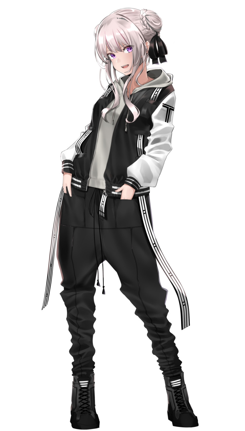 :d ankle_boots baggy_pants black_jacket black_pants black_ribbon blush boots commentary cross-laced_footwear double_bun drawstring female full_body grey_hair hair_bun hair_ribbon hands_in_pockets highres himehina_channel hood hoodie jacket lace-up_boots legs_apart long_hair long_sleeves looking_at_viewer open_clothes open_jacket open_mouth pants pirapirapirapira purple_eyes revision ribbon sidelocks simple_background smile solo standing tanaka_hime teeth upper_teeth_only v-shaped_eyebrows virtual_youtuber white_background white_sleeves