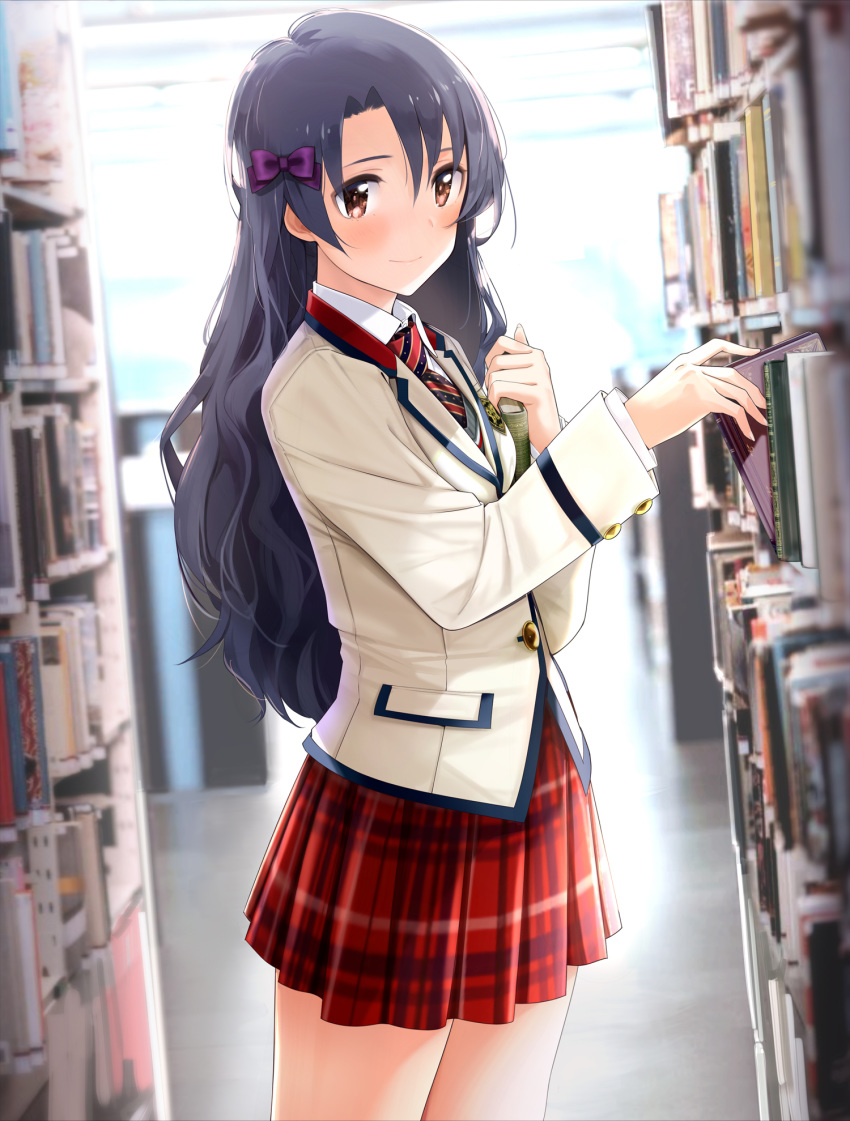 black_hair blazer blush book bookshelf bow brown_eyes commentary_request fed_(giba) female hairbow high_schoolmate_(idolmaster) highres holding holding_book idolmaster idolmaster_million_live! idolmaster_million_live!_theater_days indoors jacket library long_hair long_sleeves looking_at_viewer miniskirt necktie photoshop_(medium) plaid plaid_skirt pleated_skirt purple_bow red_skirt school_uniform shelving_book skirt smile solo striped striped_necktie takayama_sayoko uniform_series_(idolmaster) white_jacket