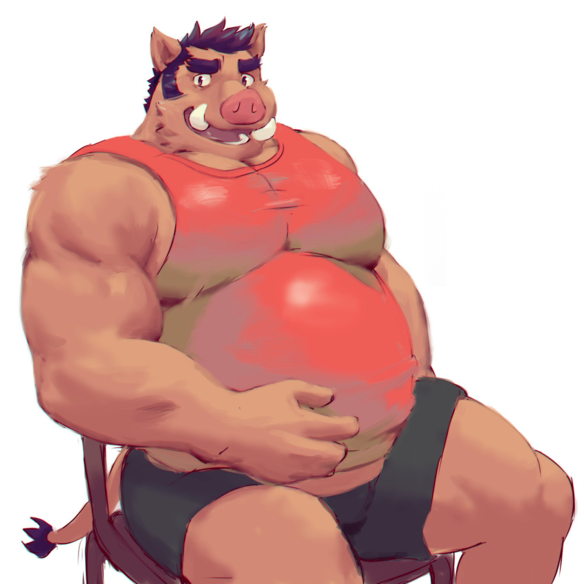 1:1 2019 5_fingers absurd_res anthro belly bottomwear brown_body brown_eyes brown_fur brown_hair chair clothing episode0006 fingers fur furniture hair hi_res looking_at_viewer male mammal musclegut muscular muscular_male pecs purple_hair shirt shorts sitting solo suid suina sus_(pig) tank_top topwear tusks wild_boar