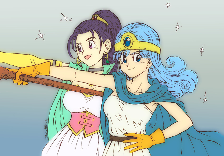 2girls artist_name blue_eyes blue_hair breasts cape choker circlet commentary_request corset dated dragon_quest dragon_quest_iii dragon_quest_xi dress earrings gloves gradient_background hand_on_own_hip jewelry medium_breasts multiple_girls open_mouth ponytail purple_eyes purple_hair sage_(dq3) senica_(dq11) shinobibe_himika signature smile strapless strapless_dress white_dress yellow_gloves