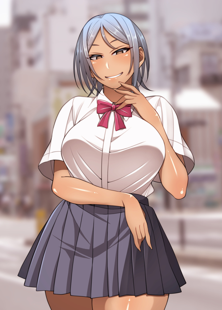 blurry blurry_background bow bowtie breasts brown_eyes collared_shirt commentary_request cowboy_shot dress_shirt female fingernails grey_hair grey_skirt grin half-closed_eyes hand_up high-waist_skirt highres korotsuke large_breasts long_fingernails looking_at_viewer miniskirt miyake_aoi_(korotsuke) nekura_megane original pleated_skirt school_uniform shiny_skin shirt shirt_tucked_in short_hair short_sleeves skirt smile solo standing tan tented_shirt white_shirt wing_collar