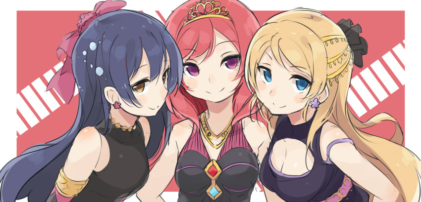 3girls ayase_eli bad_id bad_pixiv_id blonde_hair blue_eyes blue_hair blush closed_mouth commentary_request dress earrings elbow_gloves gloves hair_between_eyes jewelry long_hair looking_at_viewer love_live! love_live!_school_idol_project multiple_girls nishikino_maki purple_eyes red_hair simple_background smile soldier_game sonoda_umi tiara totoki86