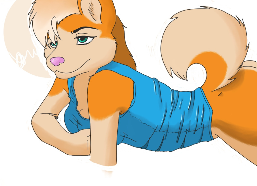 :| anthro bottomless canid canine canis clothed clothing digital_media_(artwork) domestic_dog female fur husky kineta mammal nordic_sled_dog pink_nose simple_background sirboss solo spitz tail teal_eyes white_background zaush