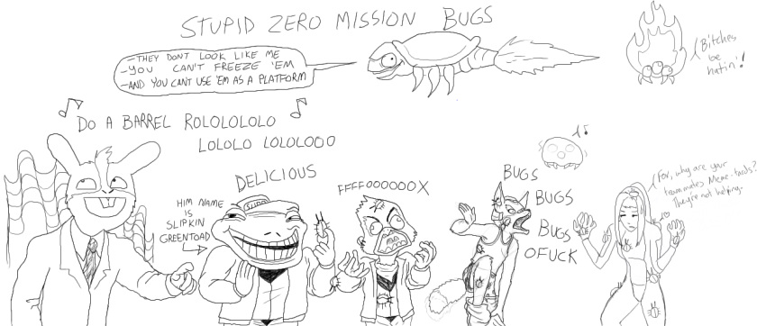 4chan alien amphibian anthro arthropod avian awesome_face bird canid canine crossover eduard_khil english_text falco_lombardi female fox fox_mccloud fredryk_phox frog group human humor insects internet lagomorph leporid male mammal meme metroid monochrome musical_note nintendo paintchat parody peppy_hare rabbit rageguy ripper ripper_(metroid) samus_aran simple_background slippy_toad star_fox text that_one_bug_that_looks_like_a_croissant_that_you_can_freeze_and_use_as_a_platform trollface trololo what white_background