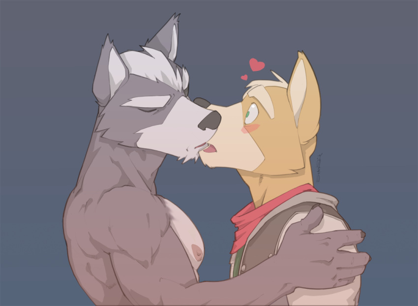 anthro blush canid canine canis closed_eyes clothed clothing duo fox fox_mccloud grey_background heart_symbol kissing male male/male mammal nintendo nipples open_mouth romantic romantic_couple simple_background star_fox superslickslasher topless wolf wolf_o'donnell