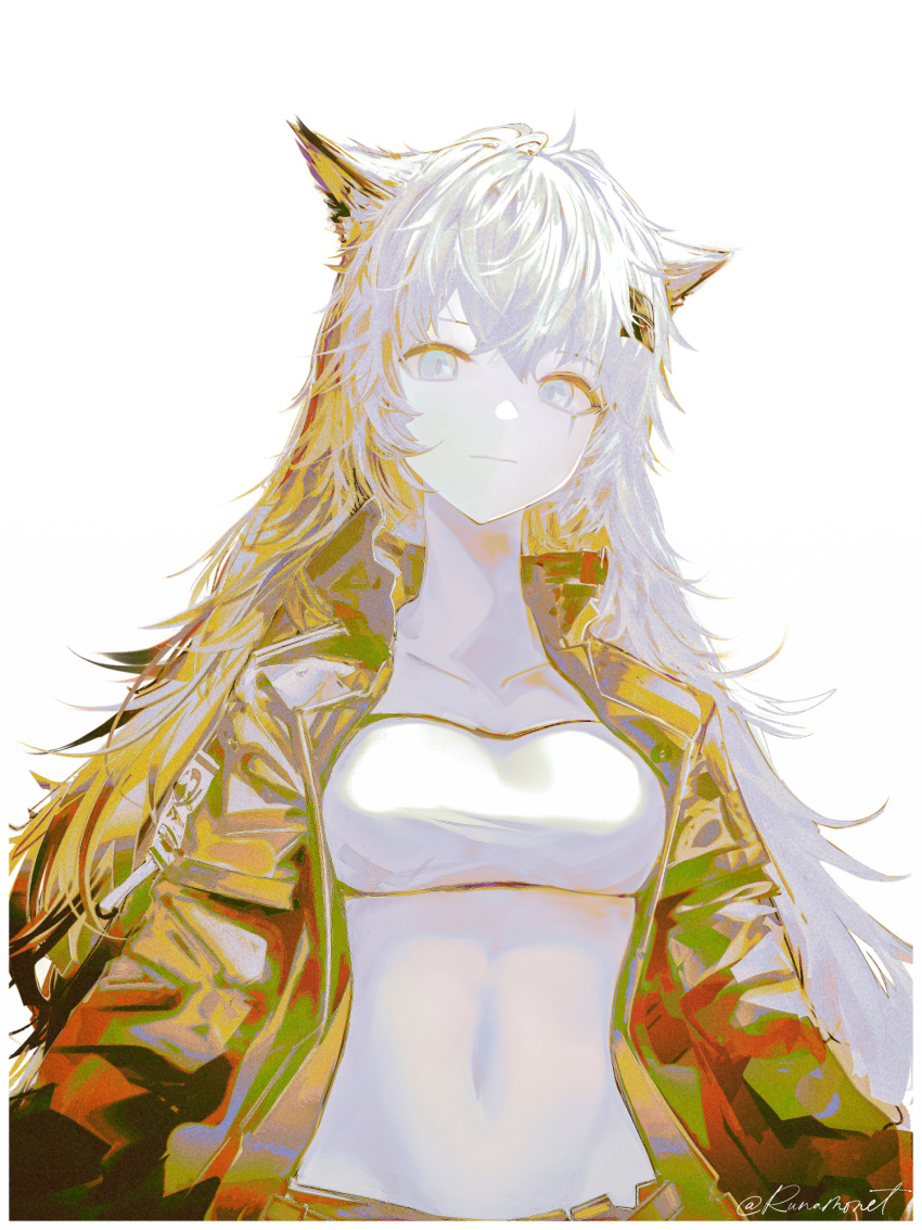 animal_ear_fluff animal_ears arknights bandeau breasts closed_mouth collarbone commentary_request crop_top female grey_eyes hair_between_eyes hair_ornament hairclip highres jacket lappland_(arknights) light_smile long_hair long_neck looking_at_viewer medium_breasts navel open_clothes open_jacket runamonet scar scar_across_eye simple_background solo strapless tube_top twitter_username upper_body very_long_hair white_background white_hair