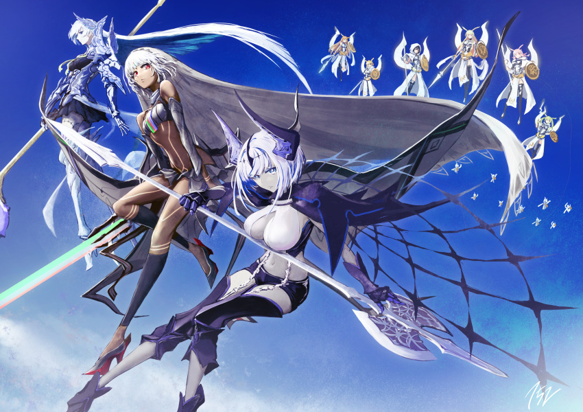 152_in_can 6+girls absurdres altera_(fate) armor armored_dress aslaug_(fate) aunt_and_niece axe bare_shoulders battle_axe black_capelet black_footwear black_gloves black_hair black_shorts blonde_hair blue_eyes blue_hair blue_sky breasts brynhildr_(fate) capelet choker cleavage colored_inner_hair dark-skinned_female dark_skin detached_sleeves dress energy_spear energy_weapon energy_wings fate/grand_order fate:lost_einherjar fate_(series) gauntlets geirskogul_(fate) gloves green_hair grey_footwear hair_ornament head_wings headpiece highres hildr_(fate) holding holding_polearm holding_weapon hood hooded_capelet horns large_breasts long_hair looking_at_viewer medium_breasts mother_and_daughter multicolored_hair multiple_girls navel olrun_(fate) orange_hair ortlinde_(fate) photon_ray_(fate) pink_hair polearm purple_eyes red_eyes rindr_(fate) shield short_hair shorts skirt sky small_breasts spear stomach tattoo thrud_(fate) twintails two-tone_hair valkyrie_(fate) veil very_long_hair weapon white_capelet white_hair winged_hair_ornament wings yellow_wings