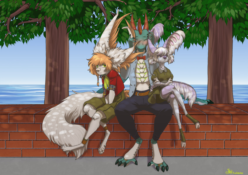 absurd_res anthro asian_mythology big_ears canid canine claws clothed clothing digital_media_(artwork) dragon ear_piercing ear_ring east_asian_mythology female fluffy fluffy_ears fluffy_tail fur group hair hengeyokai hi_res hooves horn hybrid inner_ear_fluff japanese_mythology liovchick long_ears male male/female mammal mythological_creature mythological_scalie mythology paws piercing ring_piercing rinkamo rinkamo_(character) scalie signature simple_background smile stephanie_(rinkamo) striped_body stripes tail trio tuft wolfennecus(world) yokai