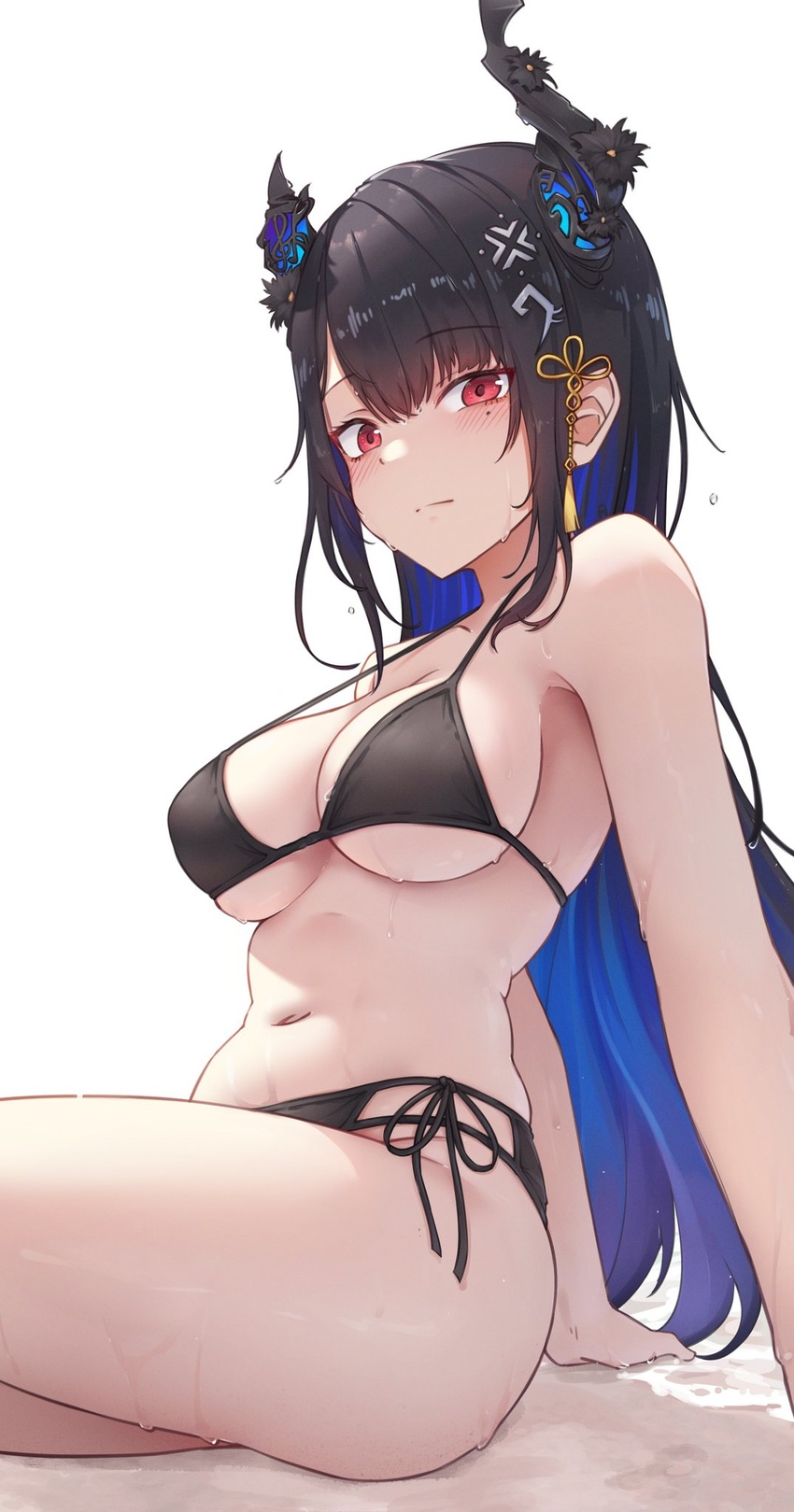 alternate_costume asymmetrical_horns bare_shoulders bikini black_bikini black_hair blue_hair blush breasts colored_inner_hair demon_horns female hair_ornament highres hololive hololive_english horns large_breasts long_hair looking_at_viewer mole mole_under_eye multicolored_hair navel nerissa_ravencroft red_eyes shironekokfp sideboob solo stomach sweat swimsuit two-tone_hair underboob uneven_horns virtual_youtuber