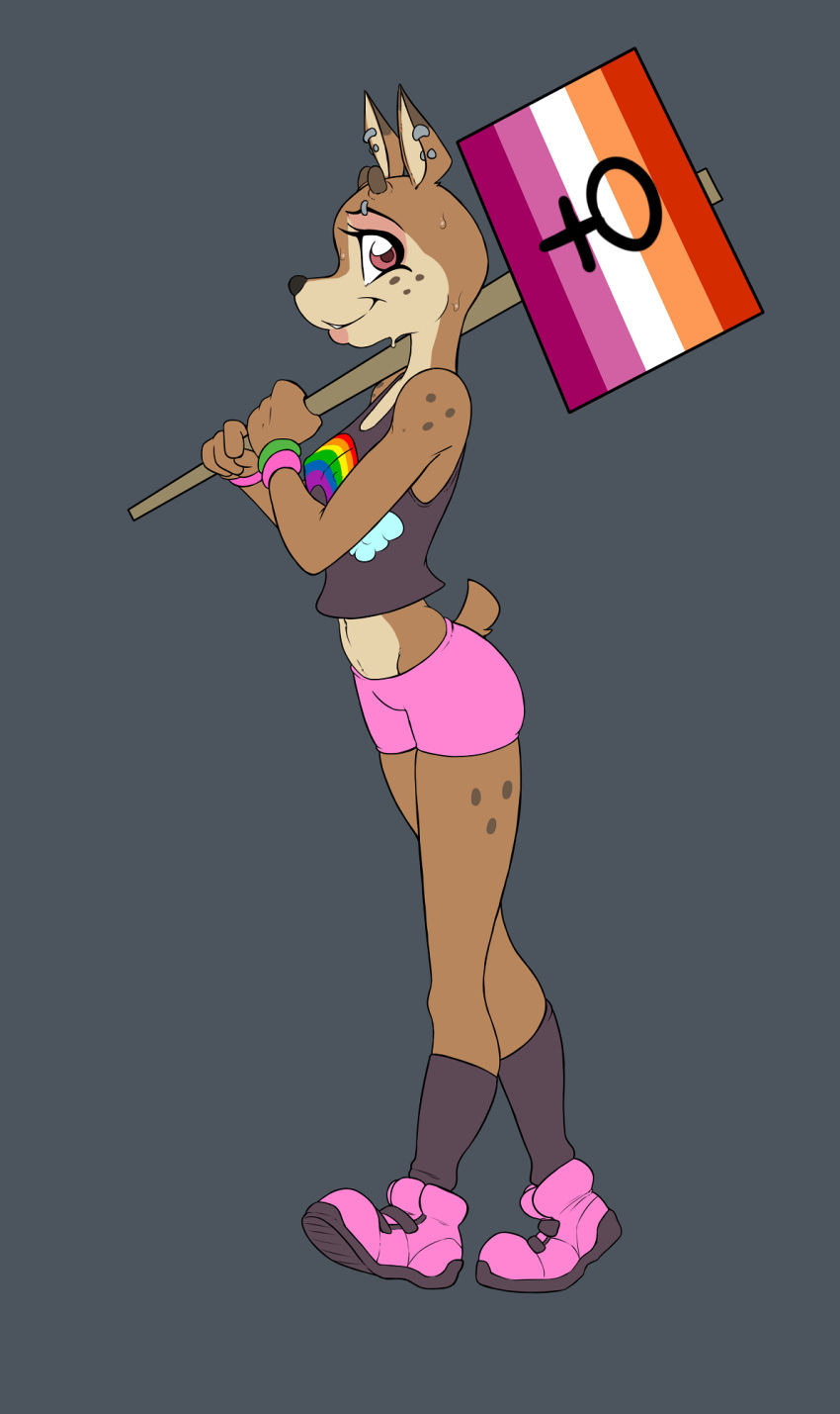 anonymous_artist anthro bottomwear brown_body brown_eyes brown_fur clothed clothing deer female fur hi_res holding_object horn lesbian_pride_colors lgbt_pride mammal marching multicolored_clothing multicolored_shirt multicolored_tank_top multicolored_topwear natural_order orange_lesbian_pride_colors pink_bottomwear pink_clothing pink_shorts pride_color_clothing pride_color_shirt pride_color_sign pride_color_tank_top pride_color_topwear pride_colors print_clothing rainbow_arch_print rainbow_pride_colors shirt shorts sign simple_background six-stripe_rainbow_pride_colors solo stated_homosexuality stated_sexuality tank_top topwear whitekitten wristband