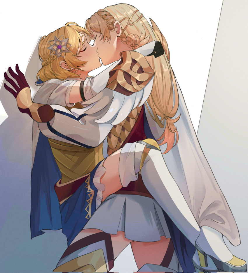 2girls against_wall armor asterrales blonde_hair brown_gloves cape closed_eyes commission english_commentary fire_emblem fire_emblem_heroes fire_emblem_warriors gloves hair_ornament highres kissing leg_lock lianna_(fire_emblem) lifting_another's_clothes long_hair long_sleeves multiple_girls second-party_source sharena_(fire_emblem) short_hair shoulder_armor skirt yuri