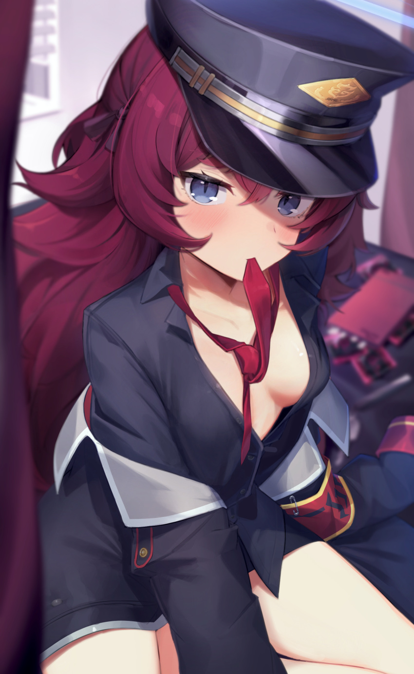 absurdres armband black_coat black_hat blue_archive blue_eyes blush breasts coat e_buki female hair_between_eyes hat highres iroha_(blue_archive) long_hair long_sleeves medium_breasts peaked_cap red_armband red_hair safety_pin solo