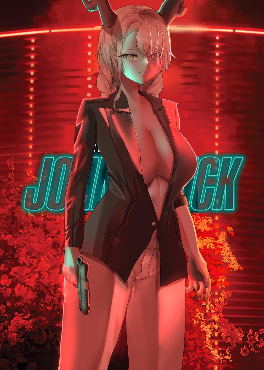 absurdres azur_lane breasts brown_eyes brown_hair cleavage copyright_name female gun hair_over_one_eye highres holding holding_gun holding_weapon horns jacket john_wick large_breasts long_sleeves lukie_arts missing_finger naked_jacket neon_lights owari_(azur_lane) suit weapon