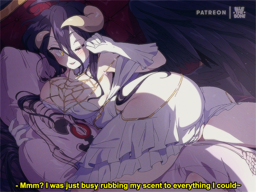 1990s_(style) ainz_ooal_gown albedo_(overlord) areola_slip artist_logo artist_name barefoot black_hair bluethebone breasts cleavage commentary covered_nipples dakimakura_(object) dress english_commentary english_text female highres large_breasts long_hair looking_at_viewer lying on_bed on_side one_eye_closed overlord_(maruyama) paid_reward_available patreon_username pillow retro_artstyle smile solo subtitled talking white_dress yellow_eyes