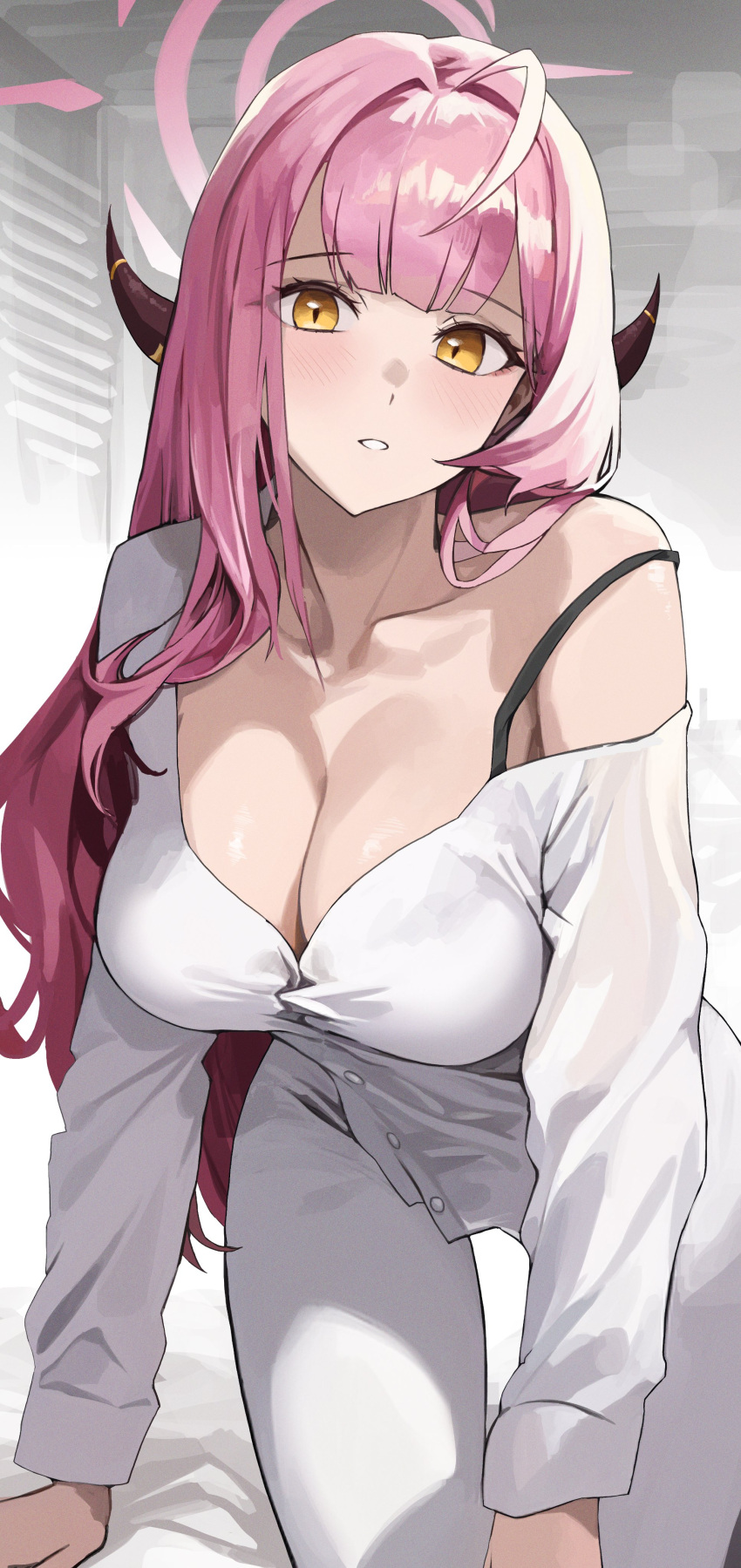 absurdres ahoge all_fours aru_(blue_archive) blue_archive blush bra_strap breasts cleavage collarbone commentary demon_horns female halo highres horns indoors large_breasts long_hair long_sleeves looking_at_viewer on_bed ori_(0rizuru) pants parted_lips pink_hair pink_halo shirt single_bare_shoulder solo strap_slip white_pants white_shirt yellow_eyes