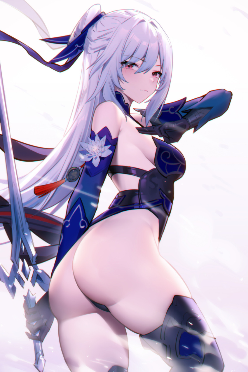 95--- arm_behind_back arm_up armor ass bare_shoulders breasts closed_mouth commentary elbow_gloves female flower gloves hair_ribbon highleg highleg_leotard highres holding holding_sword holding_weapon honkai:_star_rail honkai_(series) jingliu_(honkai:_star_rail) kuji-in leotard long_hair looking_at_viewer looking_back medium_breasts red_eyes ribbon rose solo sword tassel thighhighs thighs very_long_hair weapon white_hair