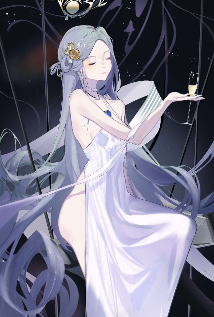 absurdres azur_lane blue_hair breasts brooch champagne_(adulation_eternal)_(azur_lane) champagne_(azur_lane) champagne_flute closed_eyes covered_navel cup dress drinking_glass earrings evening_gown female forehead halo highres jewelry light_blue_hair long_hair necklace night night_sky official_alternate_costume parted_bangs pearl_necklace shino_pupille side_slit sideboob sitting sky small_breasts solo thighs very_long_hair white_dress