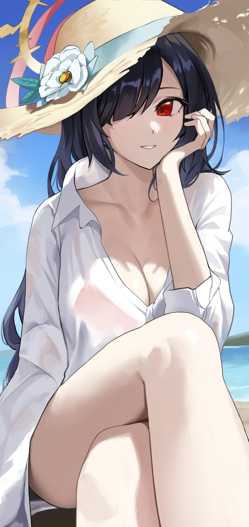 absurdres alternate_costume beach black_hair blue_archive blue_sky breasts cleavage cloud collarbone collared_shirt commentary crossed_legs day feet_out_of_frame female flower hair_over_one_eye hat hat_flower head_rest highres hinata_(blue_archive) hinata_(swimsuit)_(blue_archive) large_breasts legs long_hair long_sleeves looking_at_viewer ocean ori_(0rizuru) outdoors parted_lips red_eyes shirt sitting sky smile solo sun_hat white_flower white_shirt