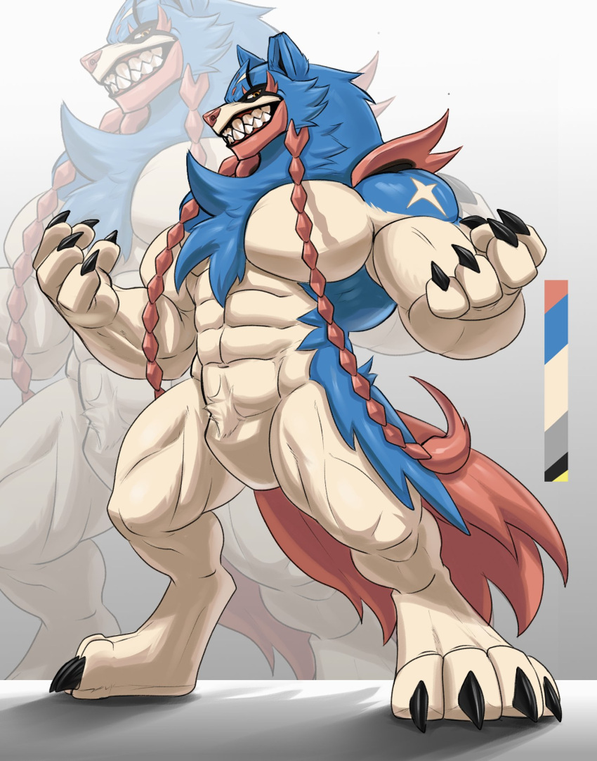 abs amber_eyes anthro biceps big_biceps biped blue_body blue_fur body_hair body_tuft braided braided_hair canid canine canis chest_hair chest_tuft claws facial_tuft fangs featureless_crotch fur furry_tail generation_8_pokemon hair head_tuft hero_of_many_battles_zacian hi_res legendary_pokemon light_body light_fur looking_at_viewer male mammal multicolored_body multicolored_fur muscular muscular_anthro muscular_arms muscular_legs muscular_male muscular_thighs mythological_canine mythological_creature mythology nintendo notched_ear orange_eyes palette pecs pink_body pink_fur pink_nose pokemon pokemon_(species) pubes serratus sharp_teeth solo spikes tail teeth tuft valentinesartx vein white_body white_fur wolf zacian