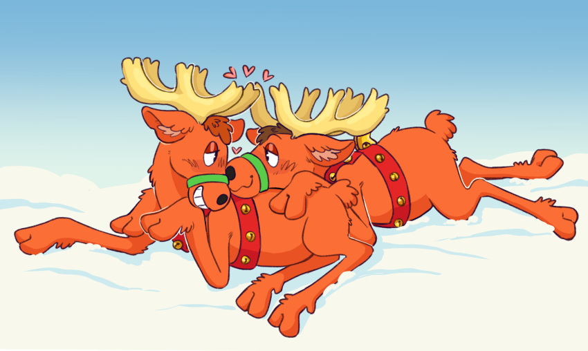 antlers blush brown_body brown_fur deer duo eye_contact fur hair heart_symbol hi_res horn intraspecies kaereth looking_at_another male male/male mammal new_world_deer reindeer snow spot's_magical_christmas spot_the_dog_(series)