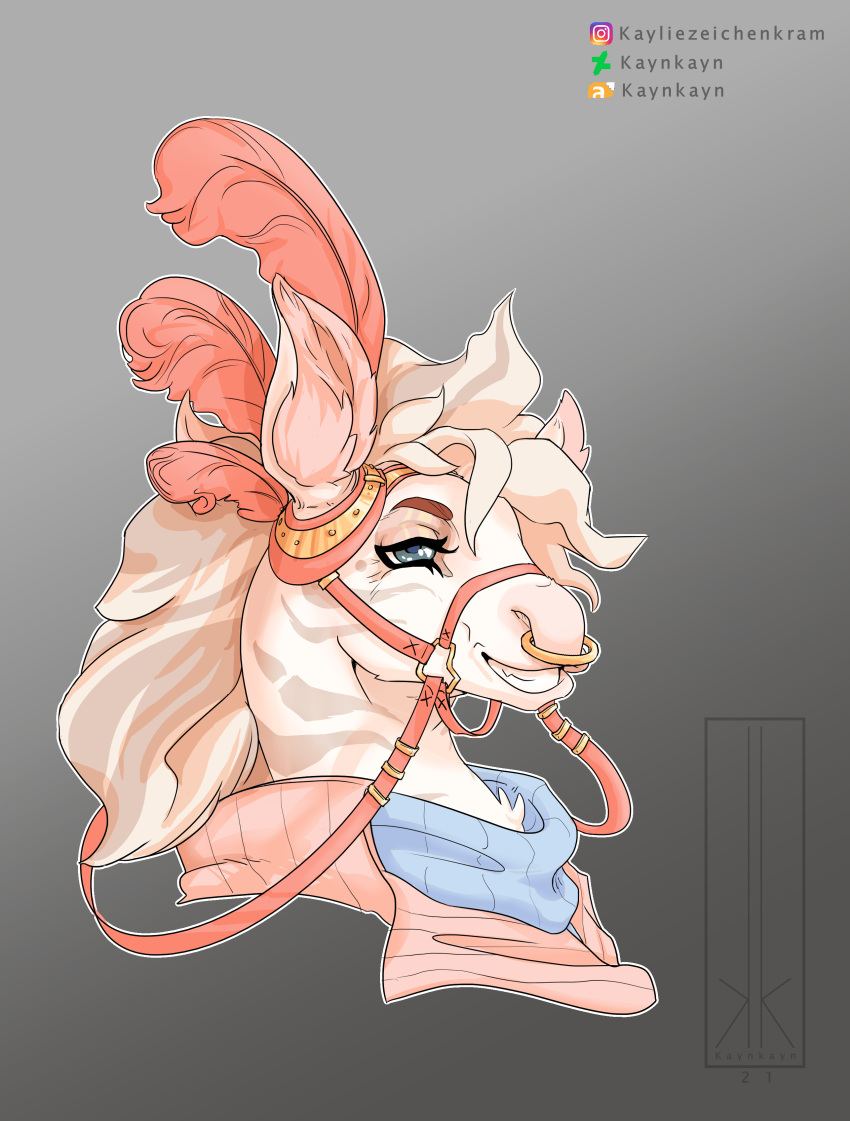 absurd_res alternative_fashion artfight_2021 bridle equid equine facial_piercing hi_res horse j-fashion kaynkayn lolita_(fashion) male mammal nose_piercing nose_ring pastel_theme piercing pony reins ring_piercing steampunk steampunk_lolita zebra