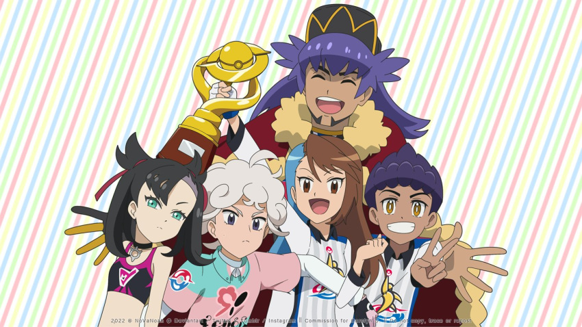 2girls 3boys :d ahoge bede_(pokemon) black_choker black_hair black_headwear brown_eyes brown_hair choker closed_eyes closed_mouth collared_shirt curly_hair dark-skinned_male dark_skin eyelashes facial_hair gloria_(pokemon) gloves green_eyes gym_challenge_uniform hat hop_(pokemon) leon_(pokemon) long_hair marnie_(pokemon) midriff mixed-language_commentary multiple_boys multiple_girls noelia_ponce open_mouth pink_shirt pokemon pokemon_swsh purple_hair shirt smile sports_bra striped striped_background teeth tongue trophy undershirt upper_teeth_only v watermark